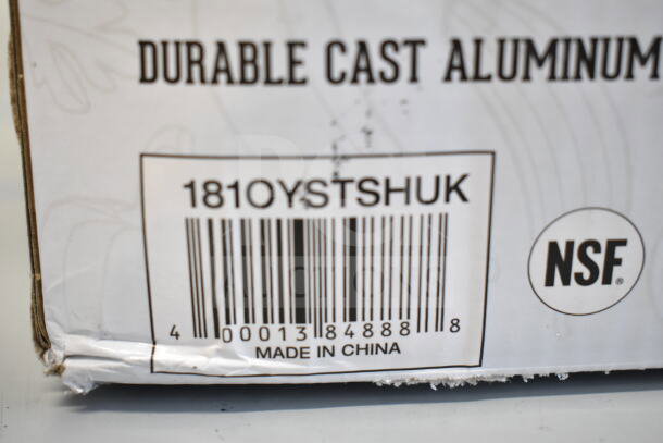 Box label for Garde 181OYSTSHUK Oyster Shucker, showing durable cast aluminum, NSF logo, barcode, and "Made in China".