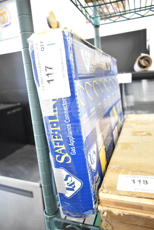 Brand new T&S HG-4D-48K gas appliance connector hose, 48" yellow coated steel, includes FreeSpin fitting and installation kit.