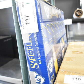 Brand new T&S HG-4D-48K gas appliance connector hose, 48" yellow coated steel, includes FreeSpin fitting and installation kit.