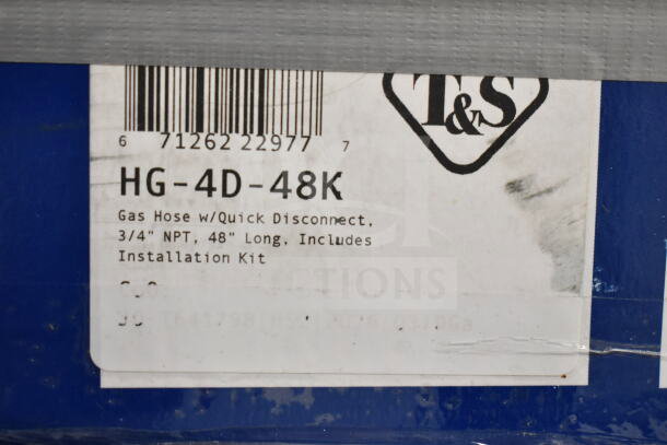 Brand new T&S HG-4D-48K Safe-T-Link 48" gas connector hose with 3/4" NPT, installation kit, and FreeSpin fitting.