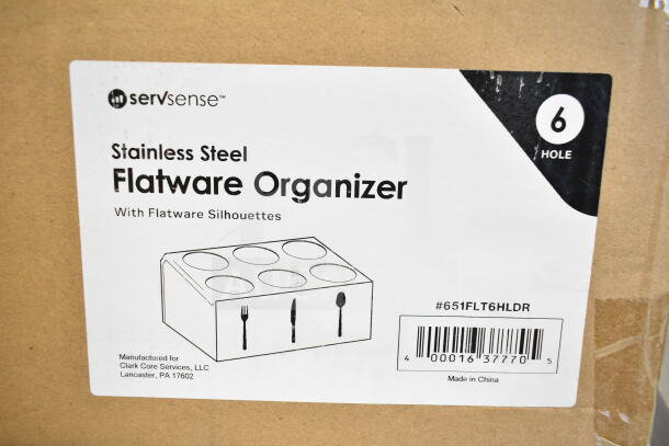 2 new ServSense 651FLT6HLDR stainless steel six-hole flatware organizers with silhouettes, in original packaging.