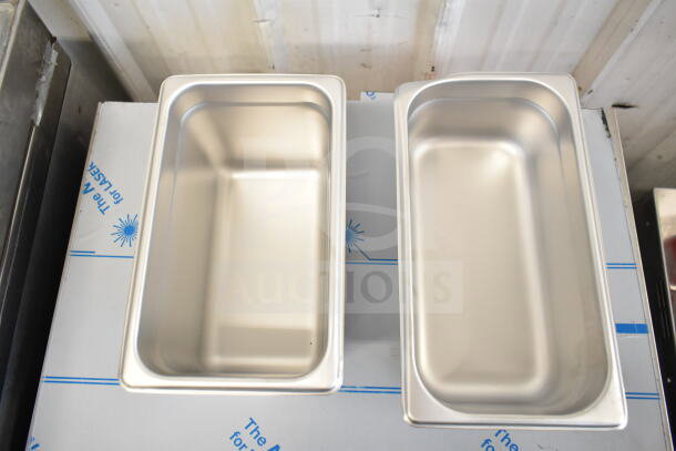 New Choice stainless steel steam table pans, 1/4 and 1/3 size, anti-jam, 24 gauge, scratch and dent condition.