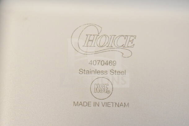 "Choice 4070469 stainless steel marking on anti-jam steam table pan, NSF certified, made in Vietnam."