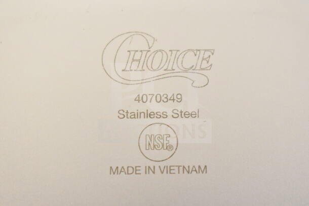 "Choice 4070349" stamp on stainless steel hotel pan, NSF certified, made in Vietnam marking.