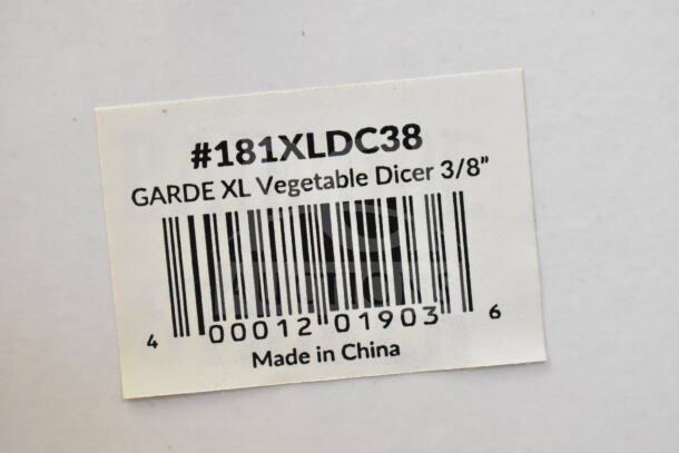 Barcode label for Garde XLDC38 3/8" vegetable dicer, marked #181XLDC38, made in China.