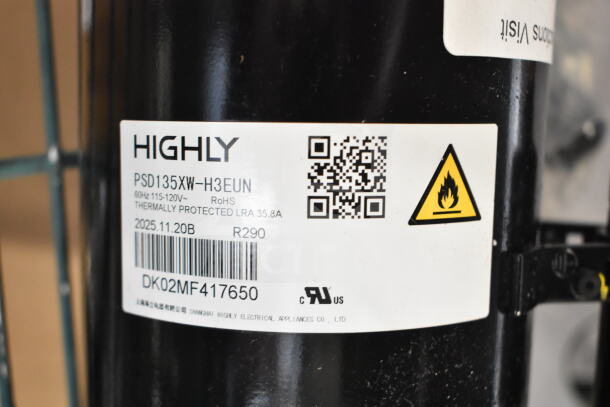 BRAND NEW SCRATCH AND DENT Highly PSD135XW-H3EUN Motor, 115-120V, 1 Phase, thermally protected, R290 refrigerant, model label shown.