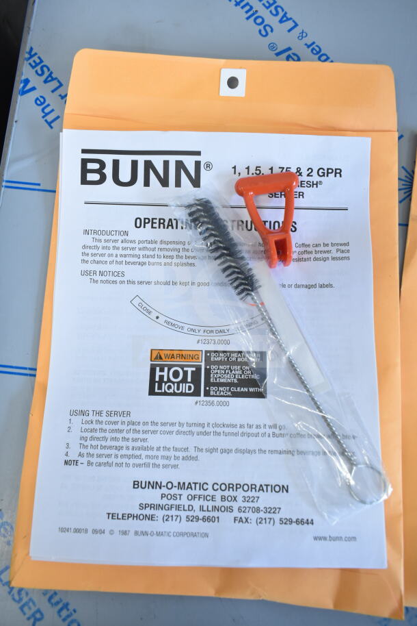 Bunn 1.5GPR-FF coffee server instructions with brush and orange control handle, model 12373.0000, warnings included.