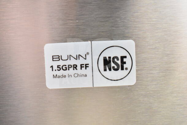 Bunn 1.5GPR-FF coffee server label, NSF certified, made in China. New scratch and dent condition.