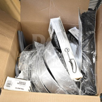 Box with 22 new kitchen items, including Alto-Shaam gasket, Vollrath disher, and Barfly muddler, in original packaging.