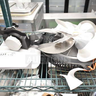 Six new scratch and dent items, including Bizerba blade sharpener, Heatcraft fan blades, fan guard, and Avantco motor cover.