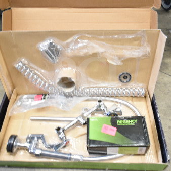Alt text: Regency 600PRA Pre-Rinse Add-On Faucet Base, brand new, scratch and dent condition, components in open box.