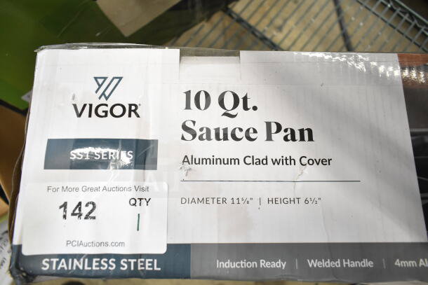 BRAND NEW Vigor SS1 Series 10 Qt. stainless steel saucepan, aluminum-clad bottom, with cover. Scratch and dent, boxed.