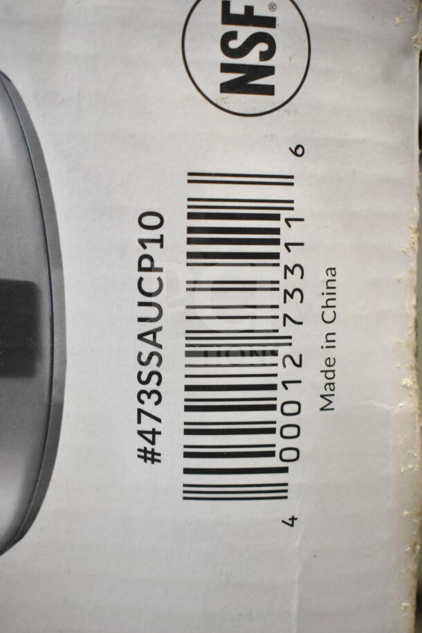Barcode and label on the box of a Vigor SS1 Series 10 Qt. stainless steel sauce pan, model 473SSAUCP10, made in China.