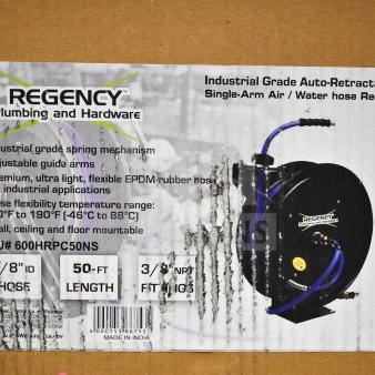 BRAND NEW SCRATCH AND DENT Regency 600HRPC50NS open powder-coated steel hose reel, 50' x 3/8" hose, industrial grade.