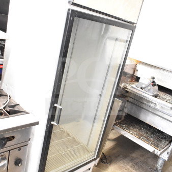 Beverage Air MT27 single door cooler merchandiser, 115V, 1 phase, glass door, shelving visible, commercial use.