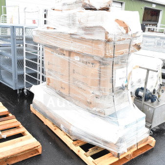 Shrink-wrapped pallet with 36 scratch and dent items including stationery, pizza pans, and shelves; labeled "Maven Lane" and "MAY26-92".