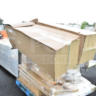 Pallet with 9 scratch and dent items including a wok and ceiling fan in cardboard boxes, wrapped in plastic.