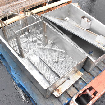 Two metal bins with industrial components and piping, set on pallets. Used condition. Auction includes two items per bid.