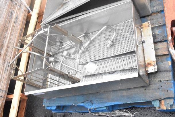 Two metal bins with contents, featuring perforated panels and tubes. Visible rust and wear. Sold as two times your bid.