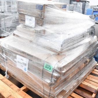 Pallet with 16 new scratch and dent items, including table base, folding table, umbrella base, wrapped in plastic. Labels indicate "MAY26-108" and "SKID 3 OF 3".