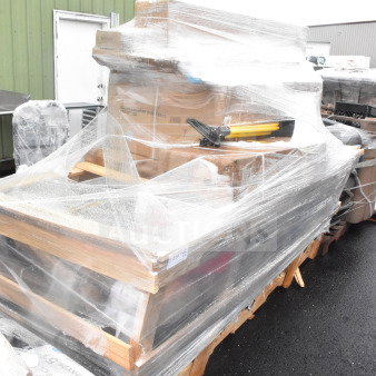 Pallet of 13 new scratch and dent items, including shelves, ticket holder, and dust pans, wrapped in plastic.