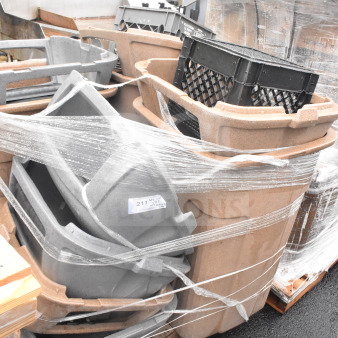 Three brand new trash cans with minor scratches and dents, wrapped for auction. Visible tag reads "211." Auction includes three cans.