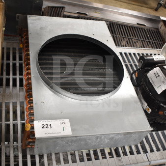 Brand new Avantco Ice 19432836 condenser for EMC-F-422-A/EMC-H-422-A, scratch and dent condition, with auction tag number 221.