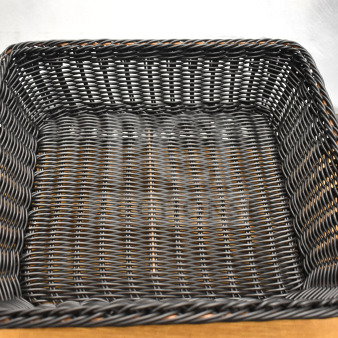 Acopa Weave 14"x13" rectangular black woven plastic rattan basket, brand new, perfect for storage or display.