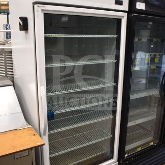 2020 True TSCI-600R-G-PH commercial reach-in cooler with glass door, white exterior, adjustable shelves, 110-120V, 1 phase.