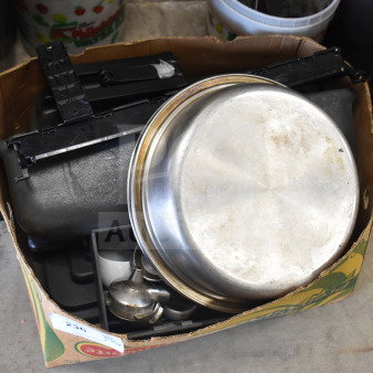 Cardboard box with 19 items: metal bowl, portafilters, and miscellaneous parts. Minor wear. Auction label reads "236, 19x."