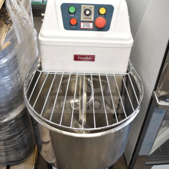 Brand new Estella 348SM60 60 Qt. two-speed spiral dough mixer with bowl, guard, and hook. 220V, slight scratches, unused.