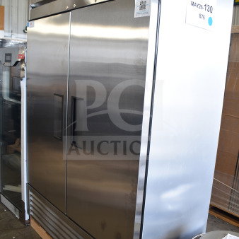 Brand new 2026 True T-49-HC commercial refrigerator, 54 1/8" solid doors, 115V, scratch and dent, PCI label visible.