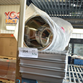 5 brand new items: 407BMS825 stainless steel utensil organizer, 5 loaf baking pans, scratch and dent condition, auction tag visible.