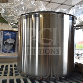 3 brand new stock pots including a Choice 471SP32QT 32 Qt. aluminum pot and a Vigor SS1 Series 16 Qt. stainless steel pot.