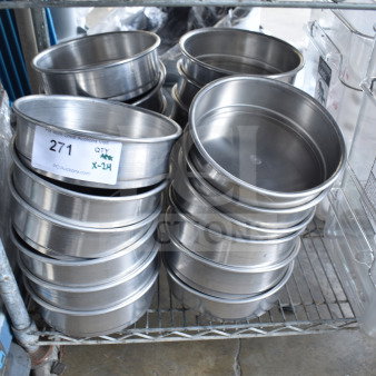 24 new American Metalcraft DRPS5825 8" stacking pans, scratch and dent condition, visible lot tag indicates quantity 24.