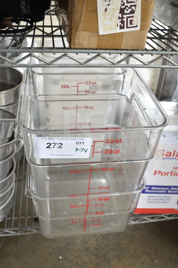 7 brand new scratch and dent bins; includes 8, 12, and 22 quart sizes. Label: Auction item 272, quantity X-7V.