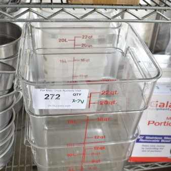 7 brand new scratch and dent bins; includes 8, 12, and 22 quart sizes. Label: Auction item 272, quantity X-7V.