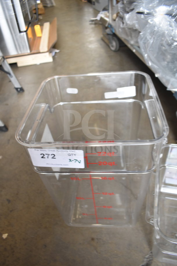 New 22-quart clear bin with red measurement markings. Auction tag "272" visible. Part of a lot including 8 and 12-quart bins.