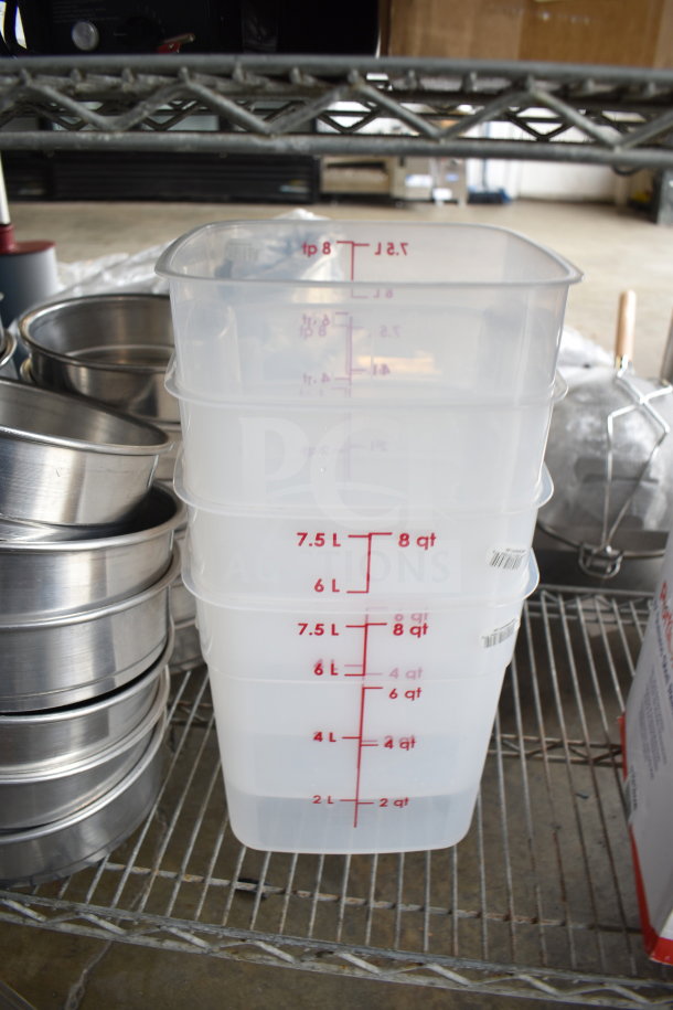 Brand new scratch and dent bins, 8, 12, 22 qt. Stackable, clear plastic with measurement markings. Lot of 7 items.