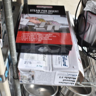 Three new items: Chef Master 90316 stainless steel steam pan insert, Edlund 11000 manual can opener, third unspecified item; minor scratches/dents.