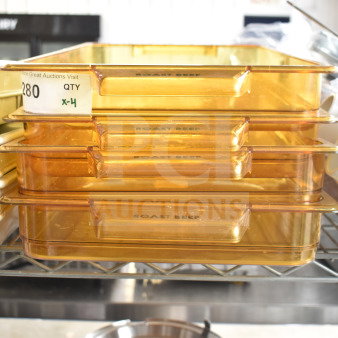 Four new Merco 8122605 "Roast Beef" RFID pans, amber color, stacked, visible tag noting set quantity x4.