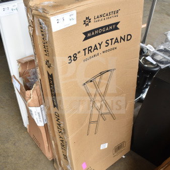 Lancaster 38" mahogany wood folding tray stand, new with slight box damage, model 164TRST38MAH, auction set of 2.