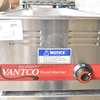 Brand new 2025 Avantco 12" x 27" electric food warmer, 120V, 1 phase, with notice label for maintenance instructions.