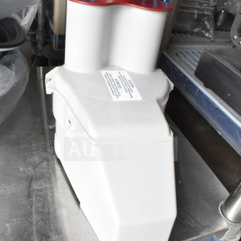 BRAND NEW SCRATCH AND DENT! Robot Coupe 89614 wall rack, white plastic, red top, minor exterior damage, model label visible.