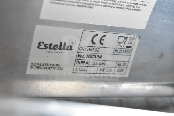 "Estella 348CG1NB electric hard cheese grater, 2.5 lb/min, 110V, 1 Phase. Scratch and dent condition. Model label shown."