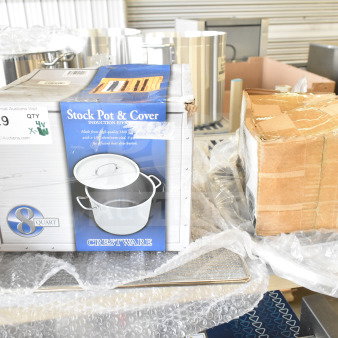 4 brand new items including Crestware SSPOT08 Stock Pot in packaging, Avantco MX10 mixer whip, and fryer basket screen.