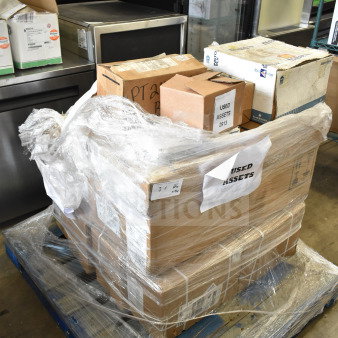 Pallet of 31 various items including Danfoss solenoid coil, Interlink motor, Dayton fan. Tagged as used assets 2913.