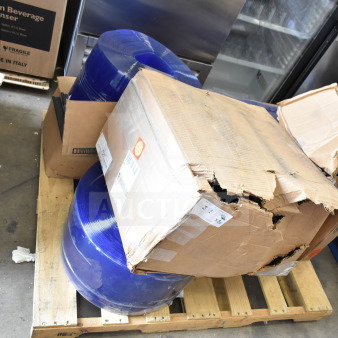 8 various items including blue strip curtains on a pallet, some in damaged boxes, evident labels and packaging wear.
