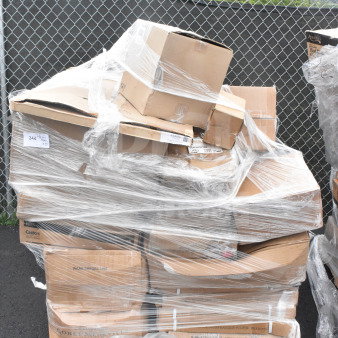 Pallet of 27 brand new scratch and dent items, including sink and hotel pans, wrapped in plastic; boxes show minor damage.