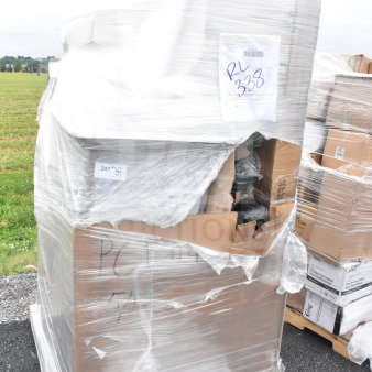 Packaged lot of 12 assorted items, including umbrella base, janitorial cart, wire shelving. Visible scratch and dent marks.